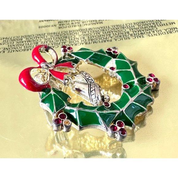 Vintage 90's Christmas Wreath Pendant Pin Jingle Bells Crystal Accents O… - Picture 4 of 12